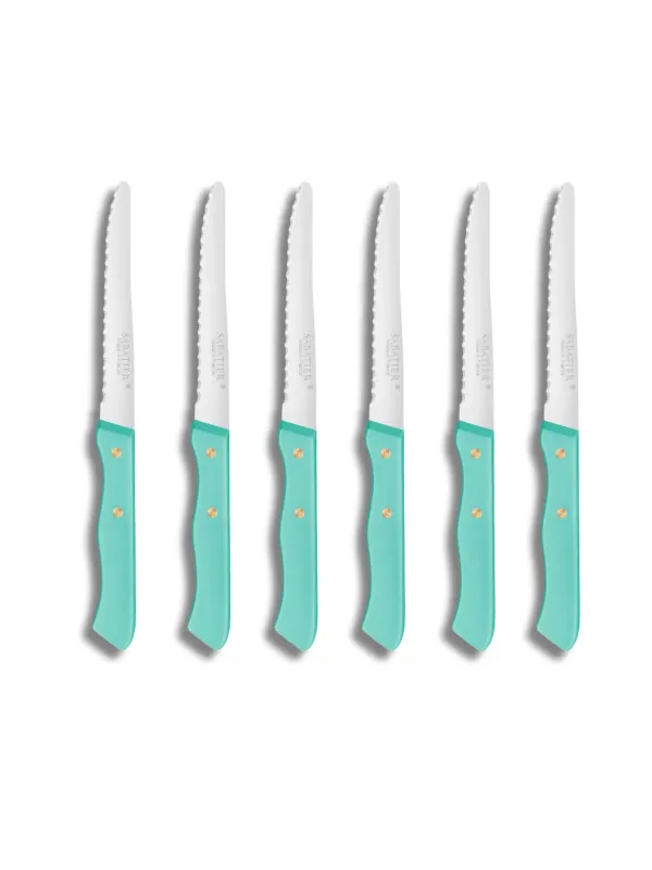 Set de 6 couteaux de Table SERIE 197 - 10,5 cm - Lame Microdentée Inox et Rivets en Laiton  - Sabatier